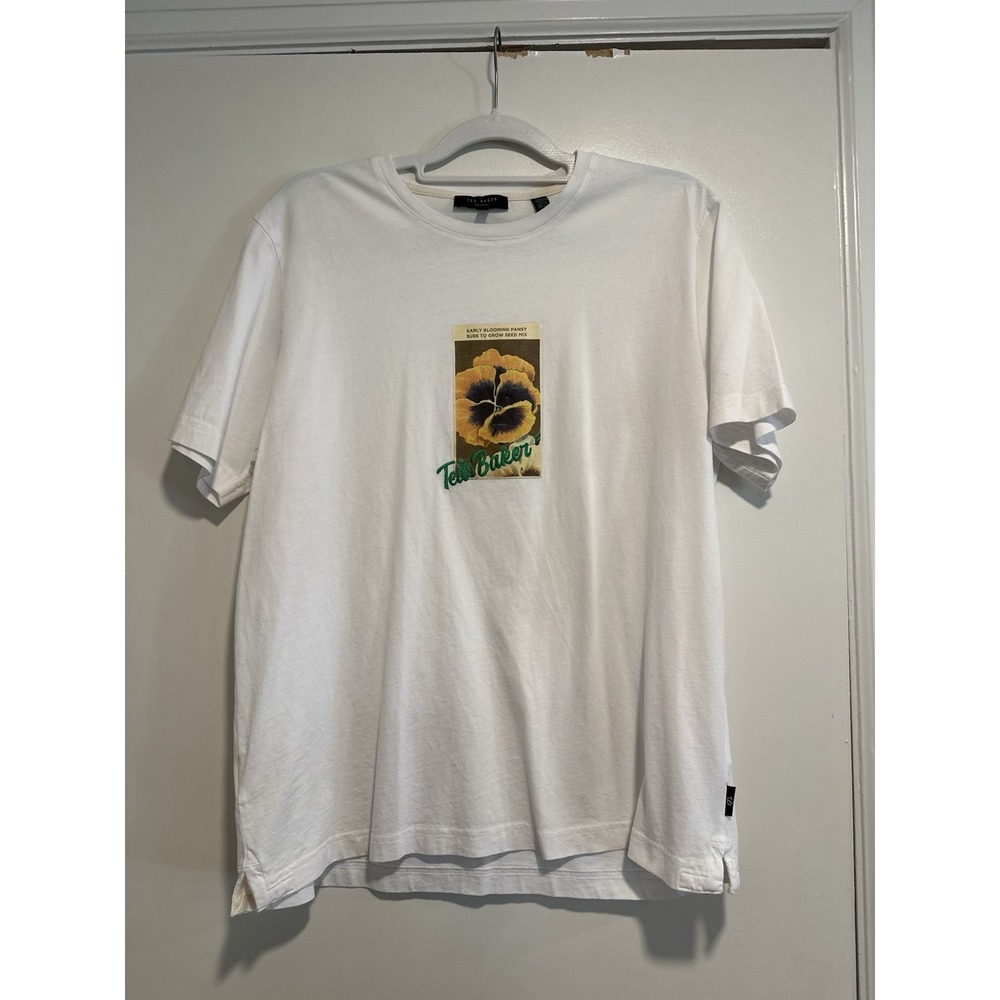 Ted Baker Floral Pansy Graphic T-Shirt Sz:4 White Short Sleeve Cotton
